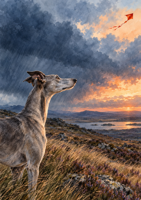 Slender gray sighthound standing among moorland grasses and looking toward a red-orange kite beneath storm clouds and apricot light.