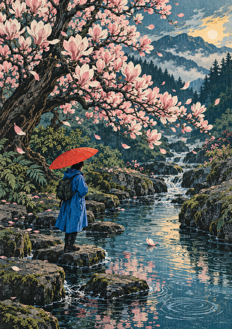Pink magnolia branches arch above a mountain stream and waterfall as a figure under a red-orange umbrella stands on a rock.