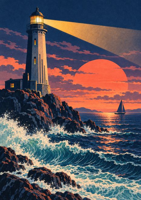 Art-deco lighthouse on a rocky headland shines an amber beam toward a small sailboat beneath a coral sunset.