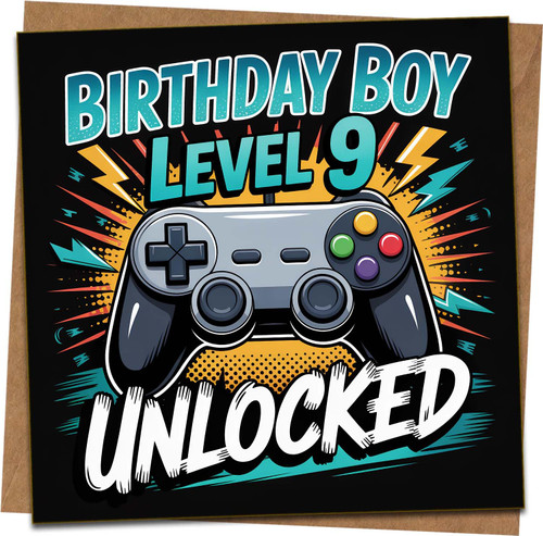 Level 9 Unlocked Birthday Card for Boys - Gamer Controller Design, 145mm x 145mm Square, Funny 9th Birthday Greeting Card with Kraft Envelope
