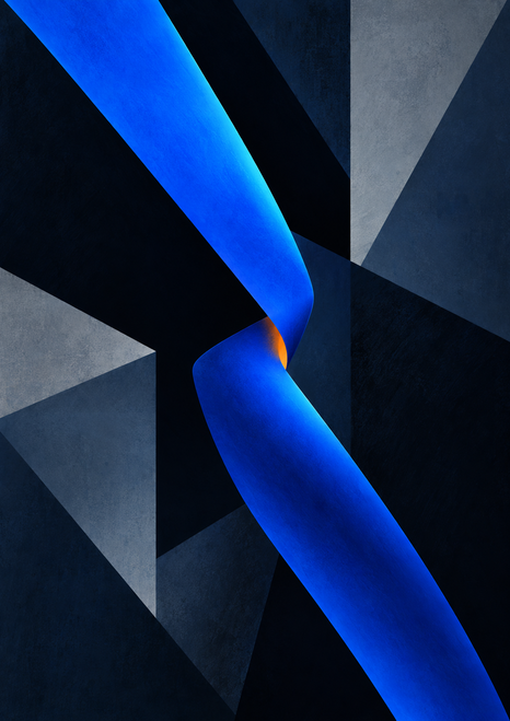 Luminous cobalt-blue ribbon twists diagonally through angular navy and gray planes, with a small orange accent at the bend.