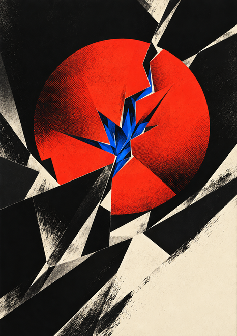 Vermilion circular form divided into angular sections around cobalt-blue shards, framed by black and ivory geometric planes.