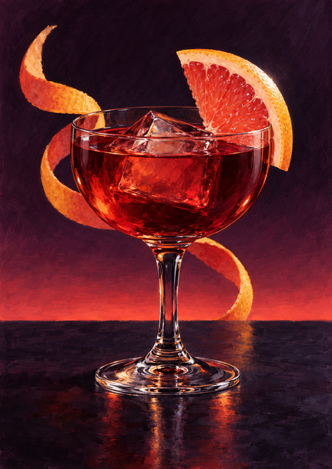Stemmed glass of red aperitif with angular ice, grapefruit wedge, and looping orange peel against a dark plum background.