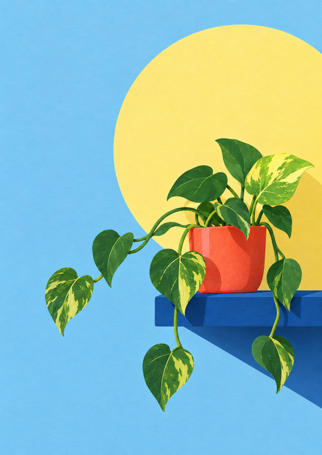 Trailing variegated pothos in a coral pot on a deep-blue shelf, with a large pale-yellow circle against a light-blue background.