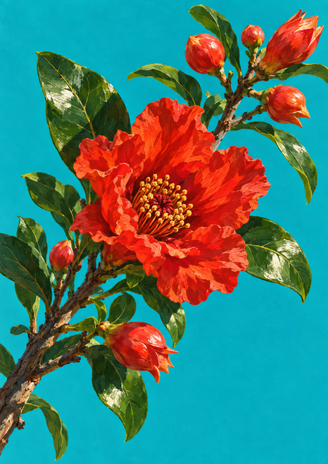 Large scarlet pomegranate flower with yellow stamens, surrounded by red buds and glossy green leaves against a turquoise background.