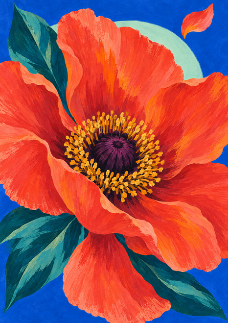 Oversized coral-red poppy with a plum center, golden stamens, teal leaves, and a detached petal against cobalt blue.