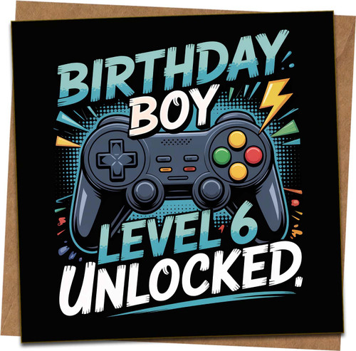 Gamer Birthday Card for Boys Age 6 - Level 6 Unlocked Video Game Controller Design - 145mm x 145mm Square Card with Kraft Envelope - Funny Gaming Birthday for Son Grandson Nephew