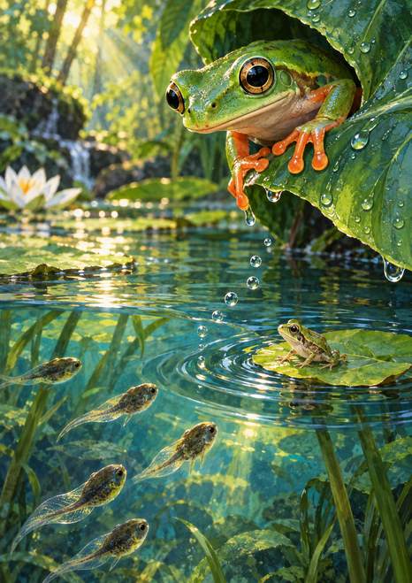 Green tree frog on a wet leaf above tadpoles and a small froglet in clear, reflective water.
