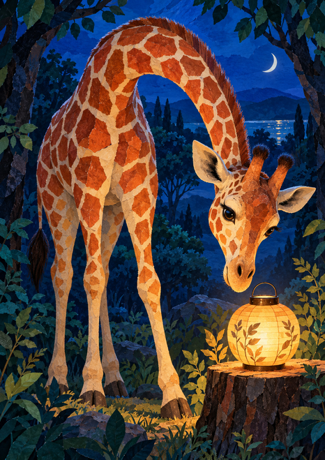 A large orange-patched giraffe bends toward a glowing lantern on a stump in a blue-hour forest framed by foliage.