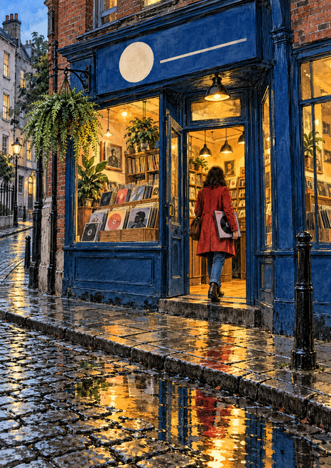 Red-coated customer with a vinyl sleeve enters a blue record shop glowing with amber light as rain reflections shine on cobbles.