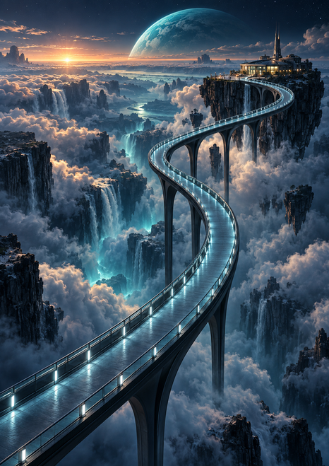Cyan-lit skybridge crossing a cloud canyon toward an illuminated station on a floating mesa beneath a turquoise planet.