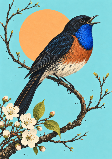 Dark songbird with a cobalt-blue throat and copper breast singing on a flowering branch beneath an apricot sun disk.