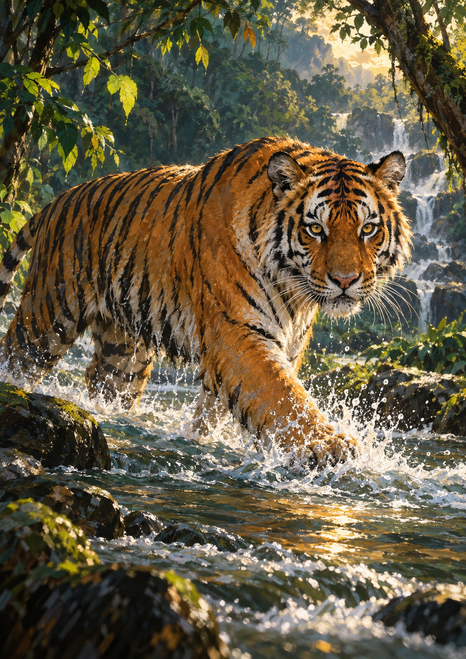 A Bengal tiger strides through splashing water in a forest stream, turning its head toward the viewer beneath sunlit trees.