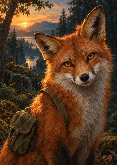 A bright-eyed red fox with a green shoulder satchel stands among dark trees, rim-lit by a golden sunset over distant water.