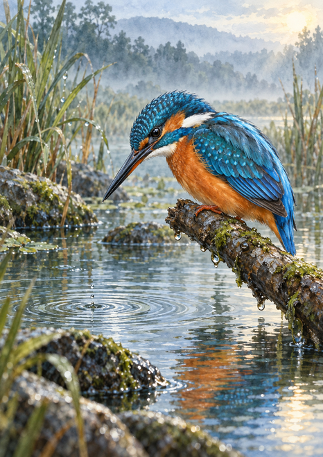 Blue-and-orange kingfisher perched on a wet branch, looking down at circular ripples in a pool amid misty reeds.