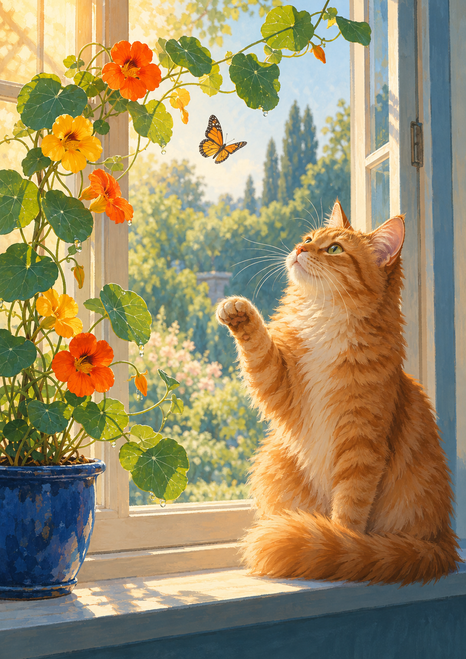 Fluffy ginger cat reaching toward an orange butterfly beside orange and yellow nasturtiums in a cobalt-blue pot on a sunlit window ledge.