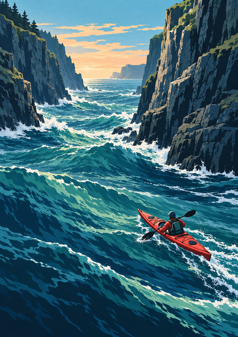 A lone paddler in a red kayak crosses foaming teal water between steep blue-gray cliffs toward a bright horizon.