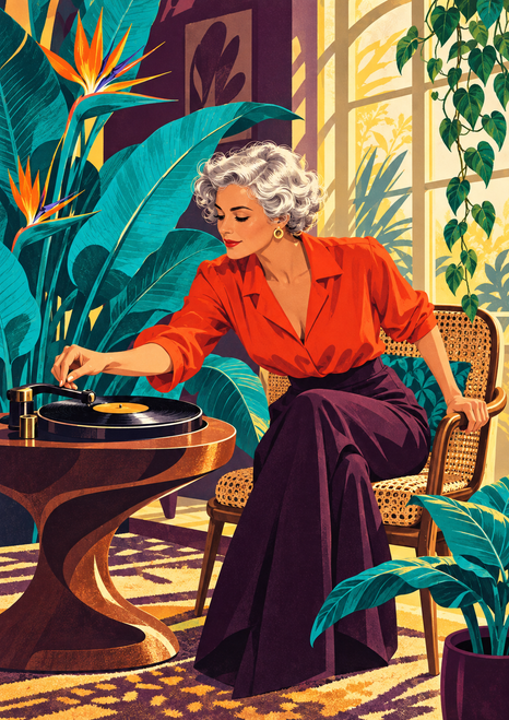 Illustrated silver-haired woman leaning from a cane chair toward a turntable in a sunlit room with large tropical leaves.