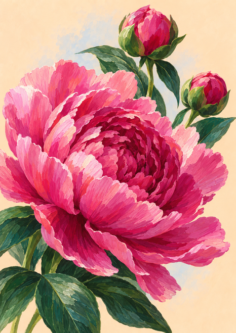 Large layered pink peony with two upright buds and broad green leaves against a pale apricot background with a faint blue halo.