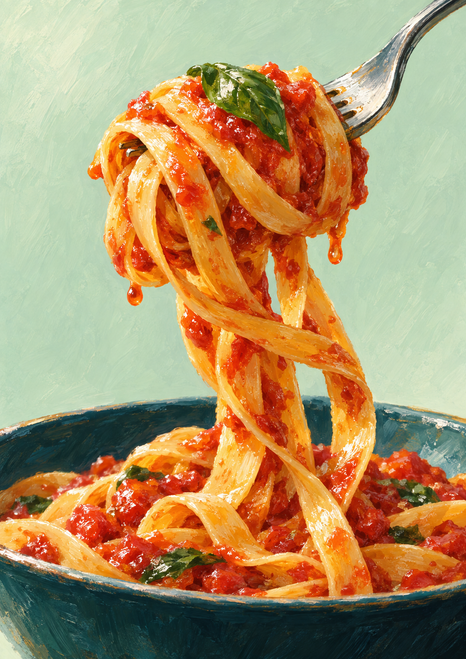 A fork lifts tangled tomato-coated tagliatelle topped with a basil leaf above a dark teal bowl against pale mint.