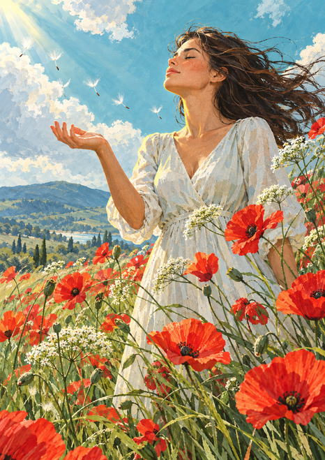 Woman with windblown hair and an open hand among red poppies and white umbels, with drifting seed fluffs, distant hills, and blue sky.
