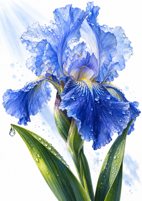 Large blue iris with ruffled indigo and periwinkle petals, water droplets and sweeping green leaves on a bright background.