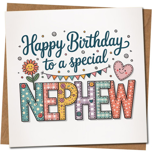 Happy Birthday Nephew Card 145mm x 145mm - 'Happy Birthday to a Special Nephew' - Cute Colourful Bunting and Heart Design - Nephew Card, Includes Kraft Envelope