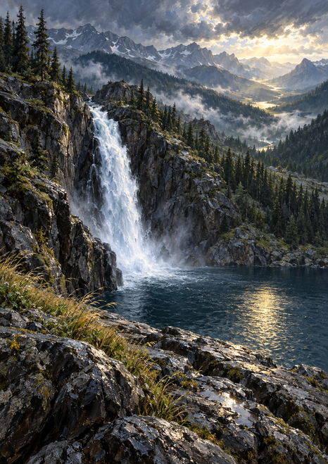 Waterfall dropping into a dark alpine lake beneath clearing clouds, with rocky foreground, conifer slopes, and distant mountains.