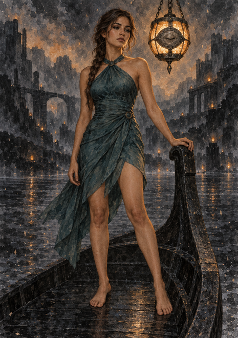 A barefoot fantasy goddess in a teal gown stands in a narrow boat beside a glowing lantern, with dark water and ruined arches behind her.