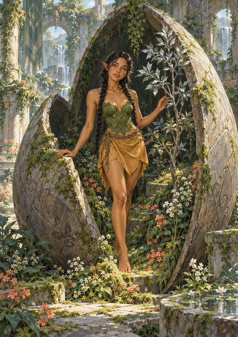 A pointed-eared gardener tends a pale-leaved sapling among mossy stone ruins, wearing green leaves and ochre fabric amid flowers and foliage.