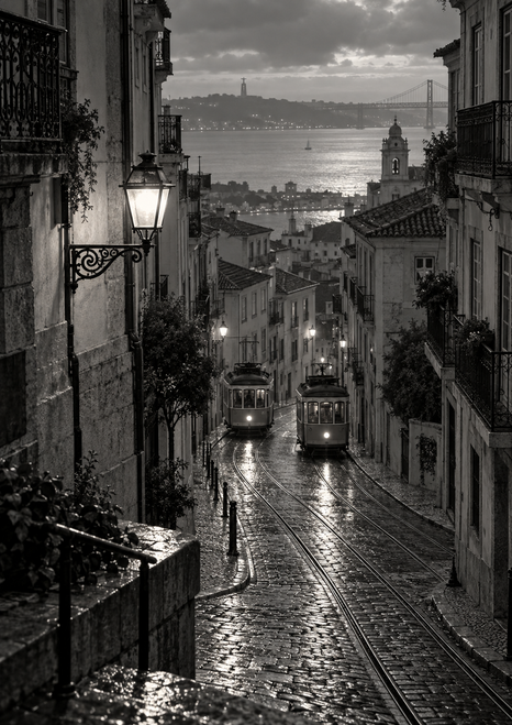 Two vintage-style trams on a wet cobblestone lane descending toward a river and bridge between close-set city buildings.