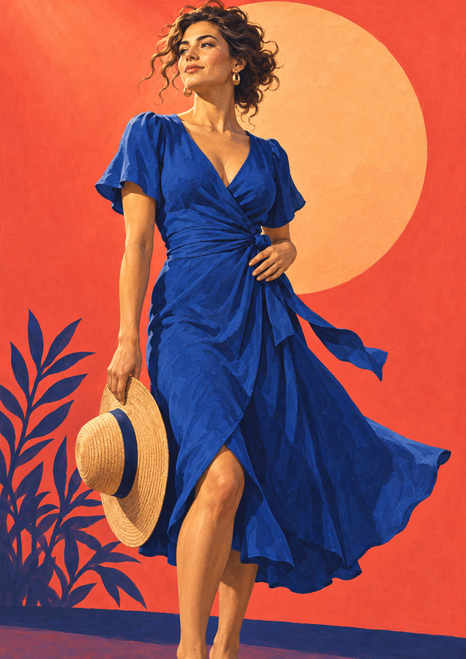 Adult woman in a cobalt wrap dress holding a straw hat against a coral background with a peach sun-disc and indigo plant.