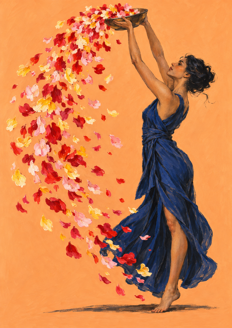 Adult dancer in an indigo dress lifting a bowl overhead as colorful petals cascade across an apricot background.