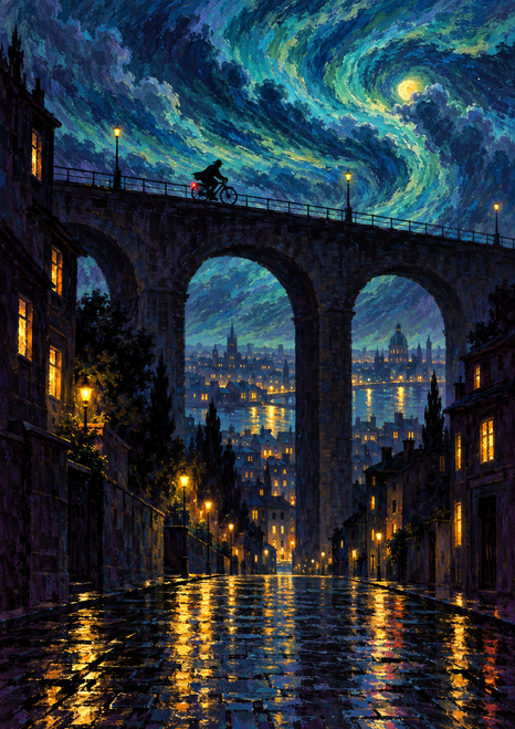 Small silhouetted cyclist riding across a stone viaduct above wet streets and illuminated buildings under curling blue-green night clouds.