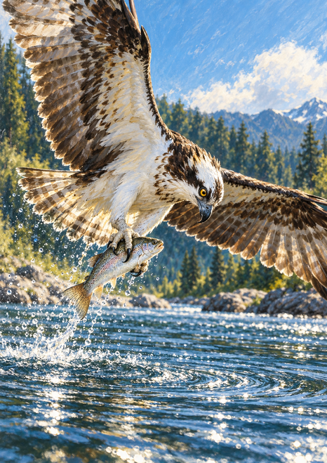 Large cream-and-brown osprey flying low over a river with a silvery fish in its talons, above spray and circular ripples, with forest and mountains beyond.