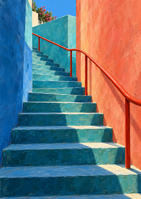 Blue-green outdoor staircase between coral and turquoise walls with a red-orange handrail.