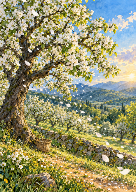 White-blossomed tree scattering petals over a basket beside a stone wall in a sunlit orchard with distant hills.
