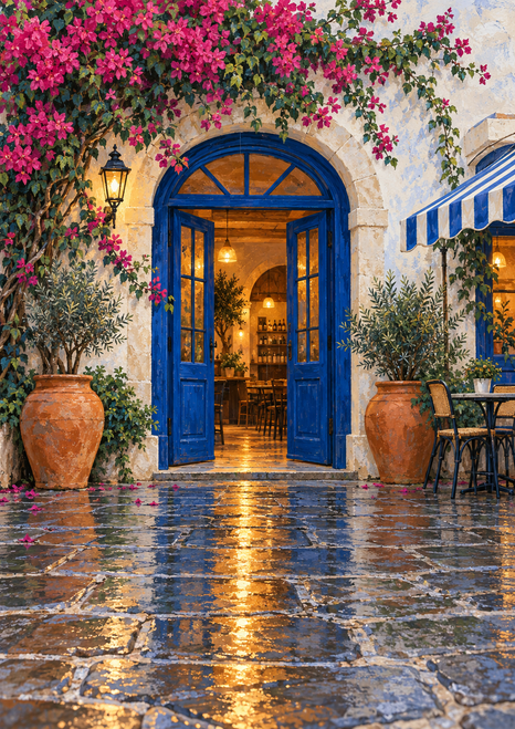 Mediterranean café courtyard with open blue arched doors, magenta bougainvillea, terracotta pots, a striped awning, and rain-wet reflective paving.