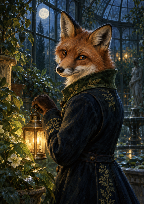 Russet fox in an embroidered dark coat holding a glowing brass lantern inside a moonlit glass conservatory.