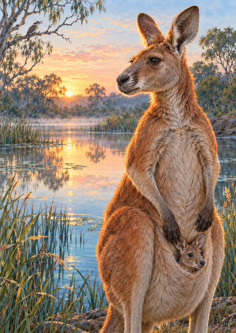 An adult russet kangaroo stands beside a dawn billabong as a joey peeks from its pouch, with reeds and trees along the water.