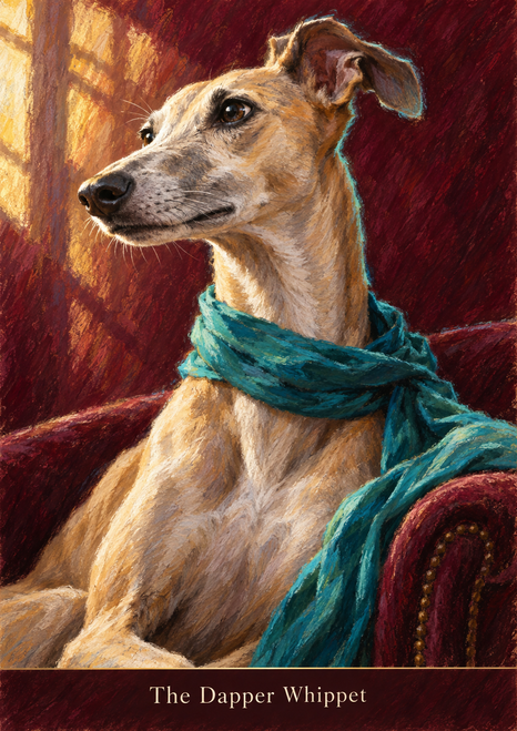 A fawn, long-muzzled dog wearing a teal scarf turns toward light against a burgundy background; The Dapper Whippet appears below.