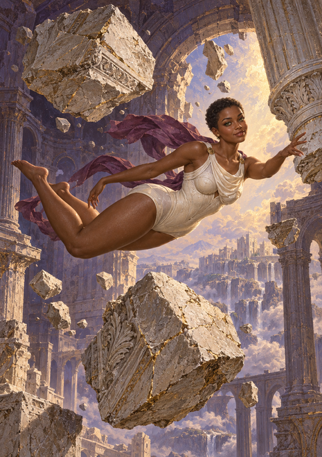 A gravity goddess floats in white with a purple scarf among broken columns and suspended stone blocks beneath a warm fantasy sky.