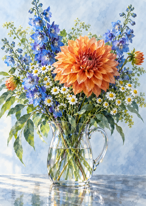Orange dahlia-like bloom with blue and white flowers arranged in a clear pitcher on a reflective tabletop.