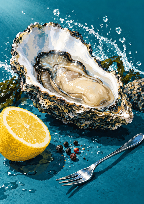 A glistening oyster in an open shell with lemon, peppercorns, fork, and water splashes against blue-green.