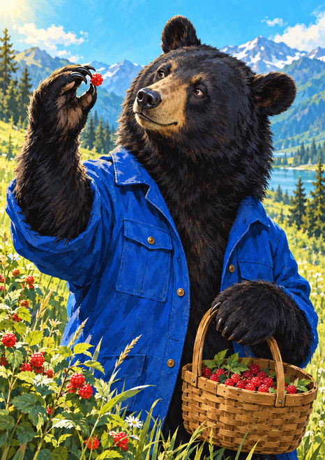Black bear in a cobalt-blue jacket raising a red berry beside a woven basket in a green mountain meadow.