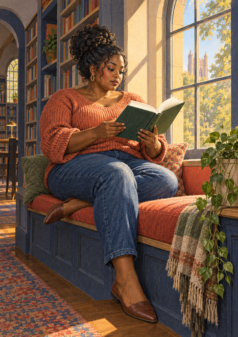 An adult Black woman reads an open book on a coral built-in window seat beside an arched window and library shelves.