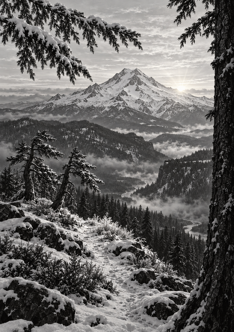 Monochrome snowy mountain above a misty forest valley, framed by snow-covered branches and a winding trail.