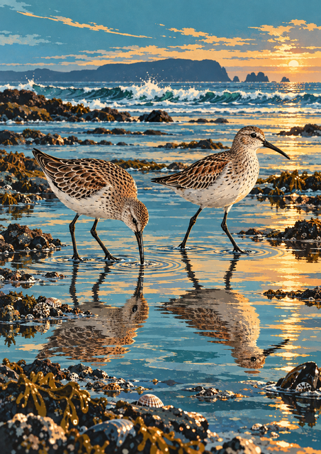 Two patterned shorebirds stand in a rocky tide pool at sunset, one probing the water and both reflected beneath them.