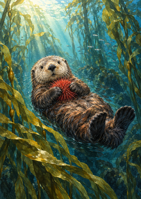 A brown sea otter floats on its back among tall kelp, holding a bright red sea urchin beneath sunbeams.