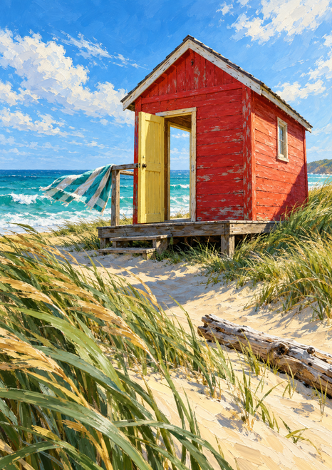 A scarlet beach hut with an open pale-yellow door stands on a timber platform in dunes, framing a glimpse of turquoise sea.